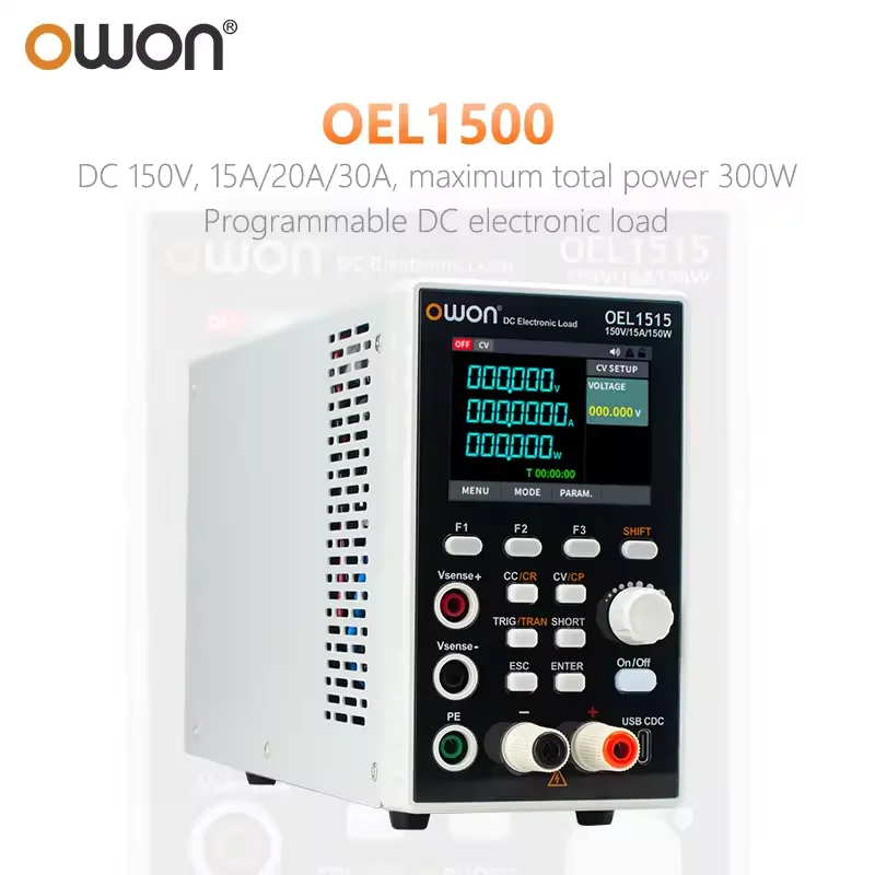 Carga electrónica programable serie OWON OEL |   150-300W 150-300V 15-30A |   Control SCPI, modos CV/CC/CR/CP, corriente dinámica de 5 kHz