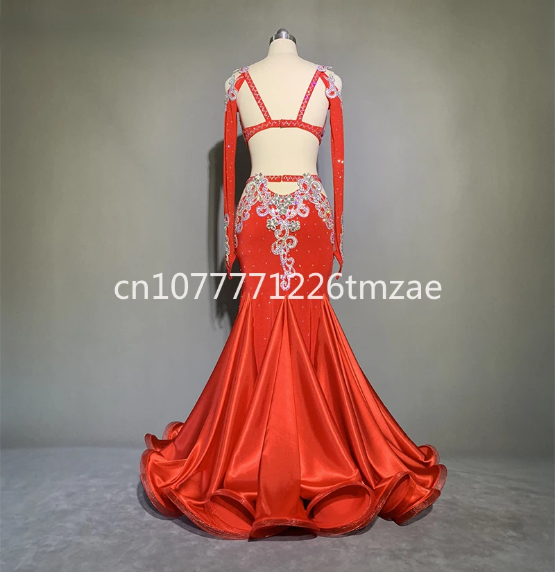 

Adult and Children Exotic Performance Set Women's Professional Bellydance Clothing Long-Sleeved Red Bra Fishtail Skirt 3 Pieces