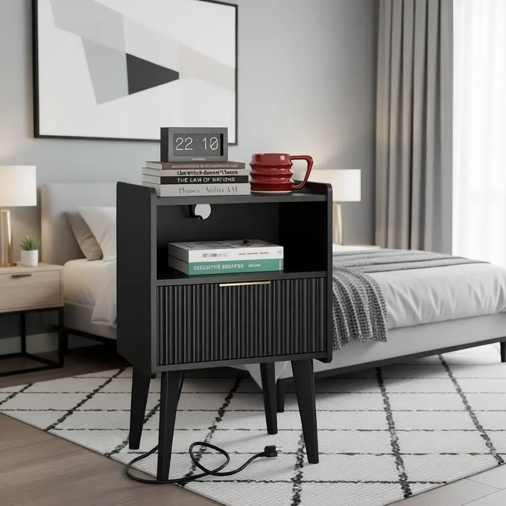 

Charging Station Nightstand, Elegant Bedside Table, Solid Wood Leg Nightstand, Versatile End Table for Living Room or Bedroom