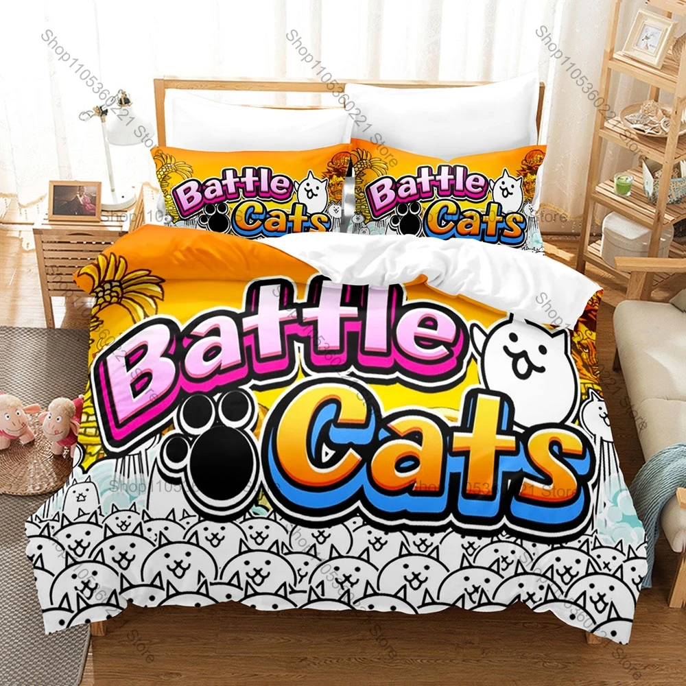 Cool The Battle Cats Nyanko Great War 3PCS Bedding Set Basic Cat Print Microfiber Duvet Cover 2Pillowcases No Inner Core