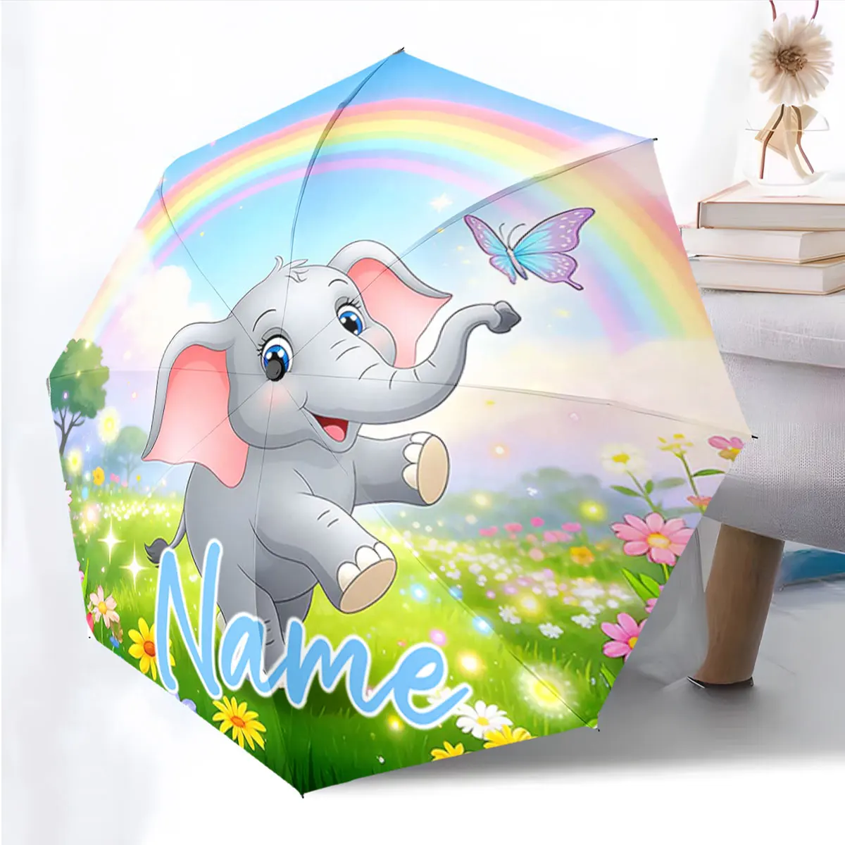 Custom Name Colorful Elephant Umbrella Design with Rainbow Print 8 Iron Ribs Folding Umbrella Auto-Open Fashion Sunshade