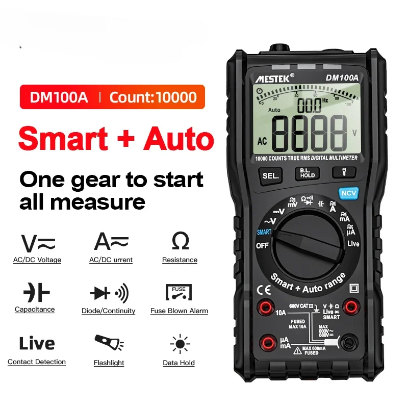

-forNCV Digital DM100A Multimeter 10000 Counts Auto Ranging AC/DC Voltage Meter Tester Key Feature DC Voltage measurements