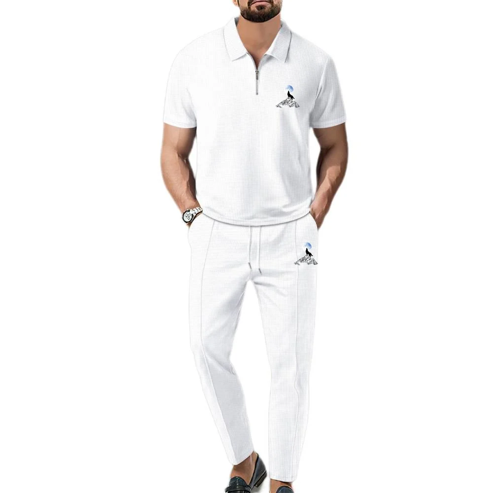 Full Moon Howl Wolf Car Polos Suit Men's Summer Waffle 2pcs Outfit Set Short Sleeve Polo Shirt & Long Pants Zip Streetwear