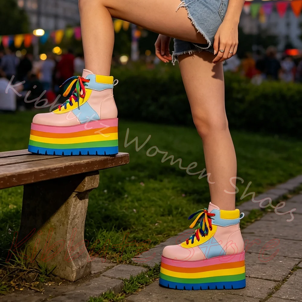 Rainbow Platform High Top Sneakers Block Layered Round Toe Gradient Sole Multicolor Laces Fashion Women Shoes