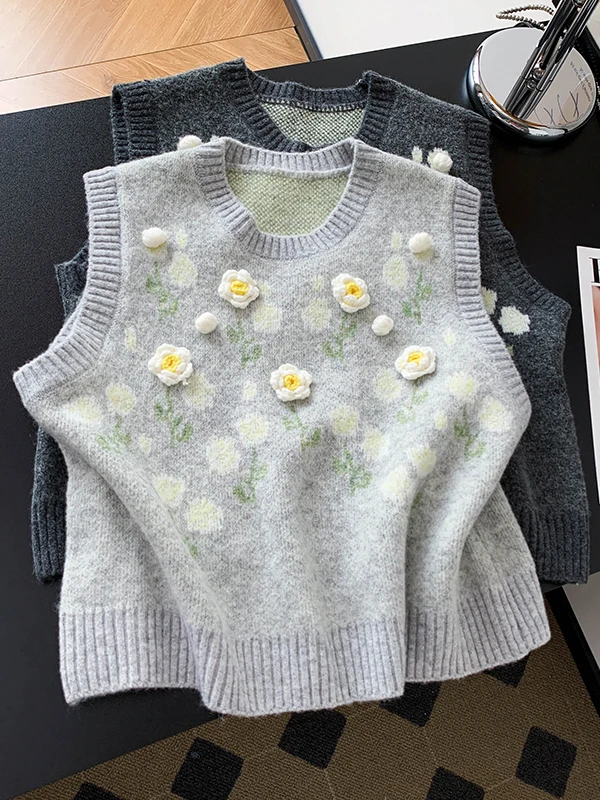 

Корейский и японский высококачественный вязаный жилет в нежном стиле для женщин больших размеров, универсальный свитер для многослойных образов, свободный кардиган с художественным принтом