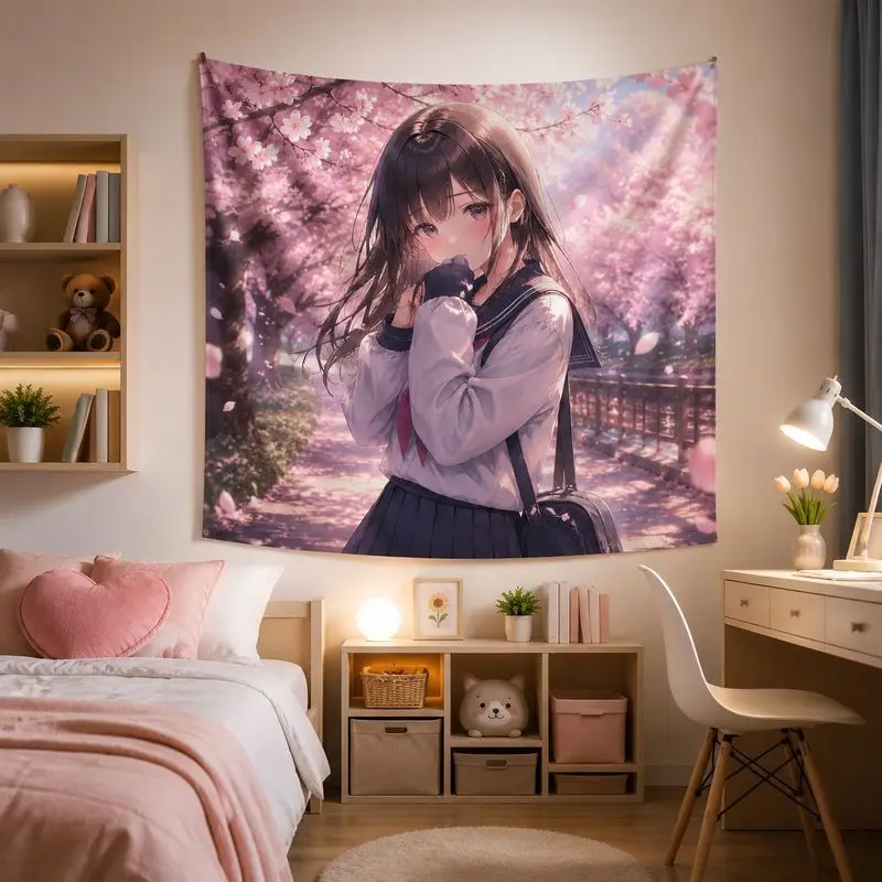VIKAMA Sunset JK Anime Tapestry, Cherry Blossom Wall Hanging, Cute Aesthetic Blanket for Teen Girls Room Decor