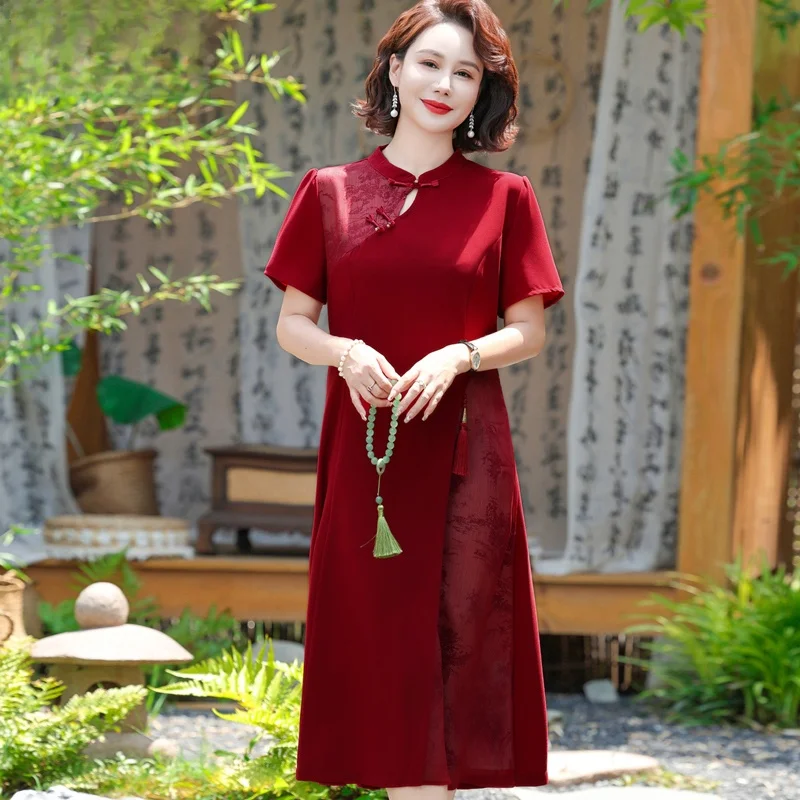 夏の結婚式のゲストドレス改良されたチャイナドレスミディスカート中高年女性向けファッショナブルなルーズフィットラウンドネックジッパー