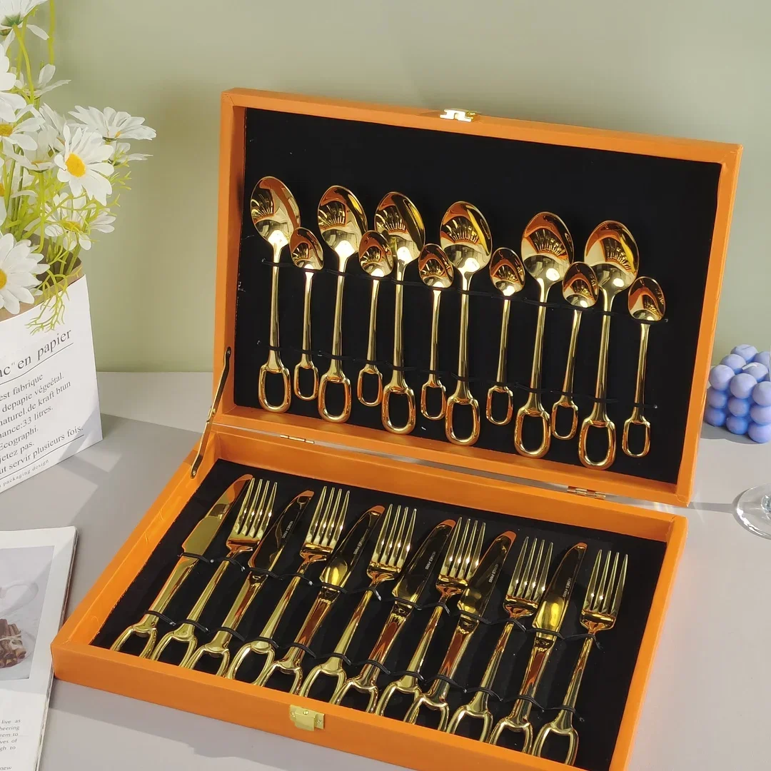 

4-piece set, 24-piece high-end stainless steel tableware set, steak knife, fork, dessert spoon, hotel banquet restaurant