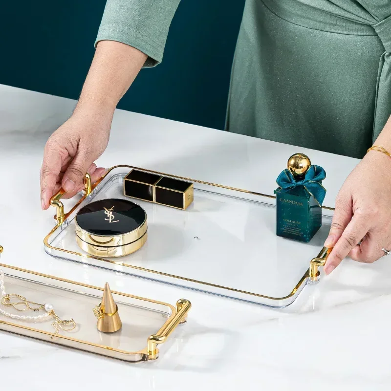Luxury Rectangular Tray Gold Handle Storage Tray Cosmetic Water Cup Fruit Storage Decorative Container Home Kitchen Supplies