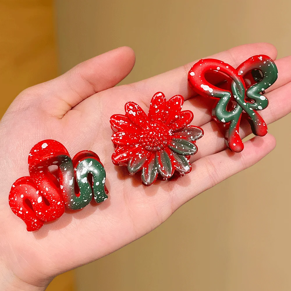 مجموعة مخلب شعر مكونة من 9 قطع: ندفة الثلج المتدرجة باللون الأحمر/الأبيض/الأخضر ومطبوعات الأزهار - إكسسوارات حفلات أعياد الميلاد، دعائم الصور وG #3