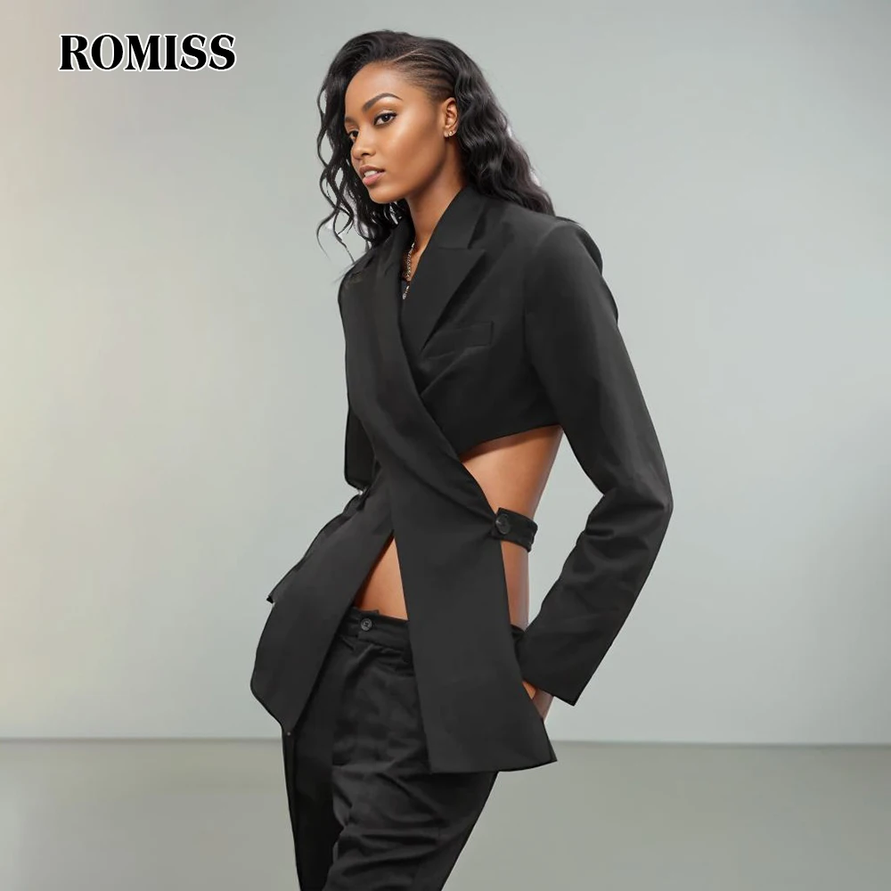 ROMISS Minimalist Sexy Backless Blazers For Women Notched Long Sleeve Patchwork Button Solid Slimming Irregular Blazer Female