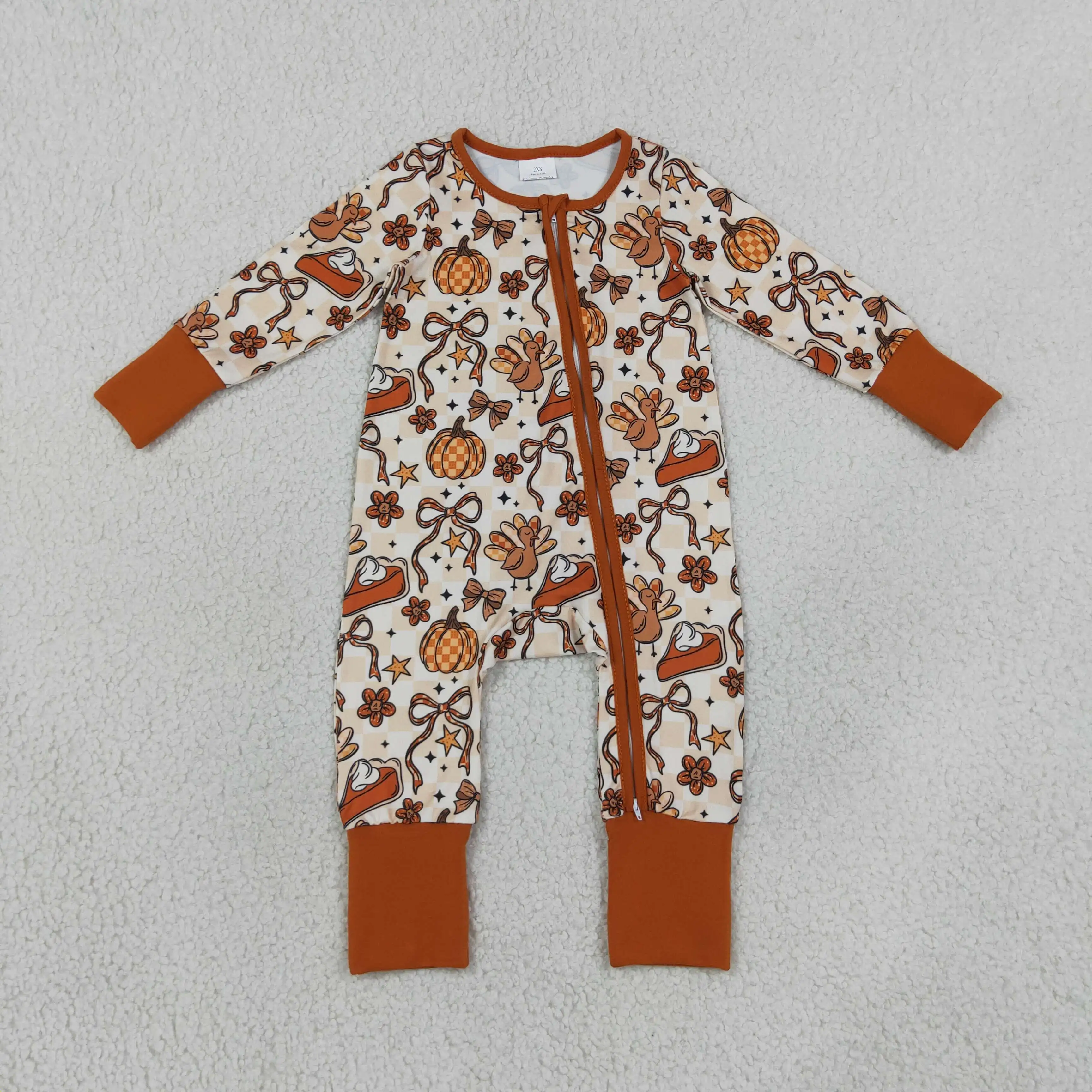 Wholesale Children Girls Long Sleeves Zipper Romper Baby Girl Pumpkins turkey Bows Pants Kids Toddler Newborn Bodysuit