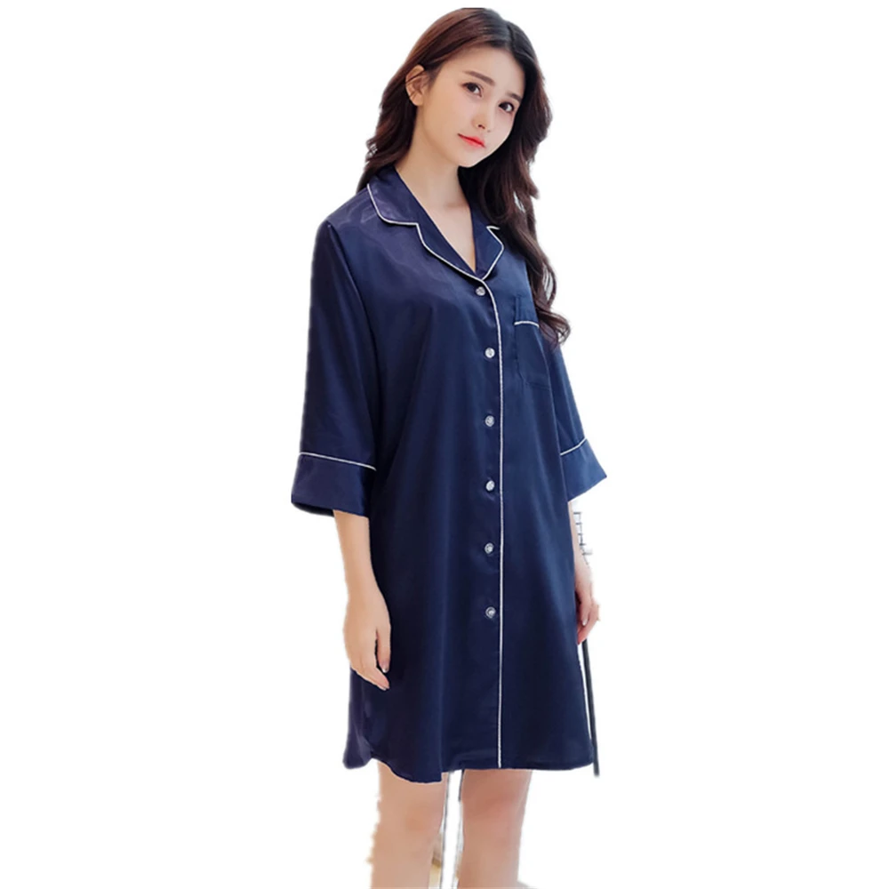 

Ladies Sleep Shirts Summer Sexy Loose Button Homewear Gown Female Imitation Silk 3/4 Sleeve Pajamas Boyfriend Nightshirts Dress