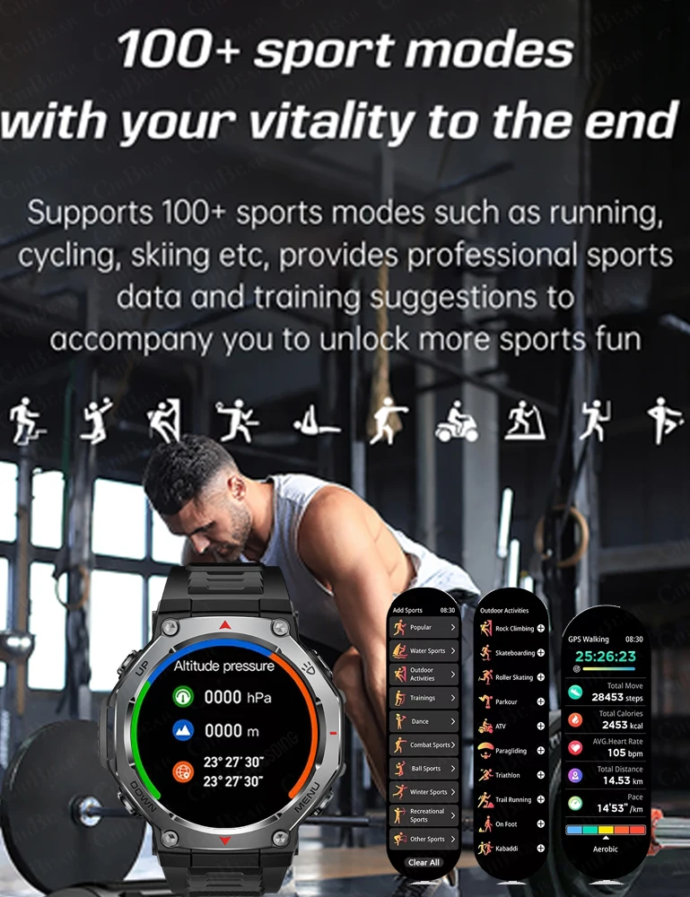 2025 New T-Rex 3 GPS Outdoor Smart Watch 525mAh Battery Bluetooth Call Flashlight Military Sports 3ATM Waterproof Smartwatch Men
