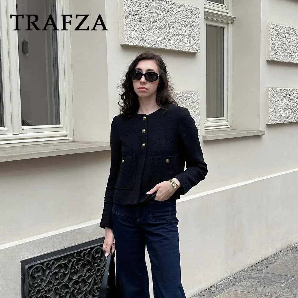 TRAFZA 2024 jesienno-zimowa Casual kurtki damskie moda Streetwear pojedyncze piersi O Neck solidne kieszenie eleganckie płaszcze damskie