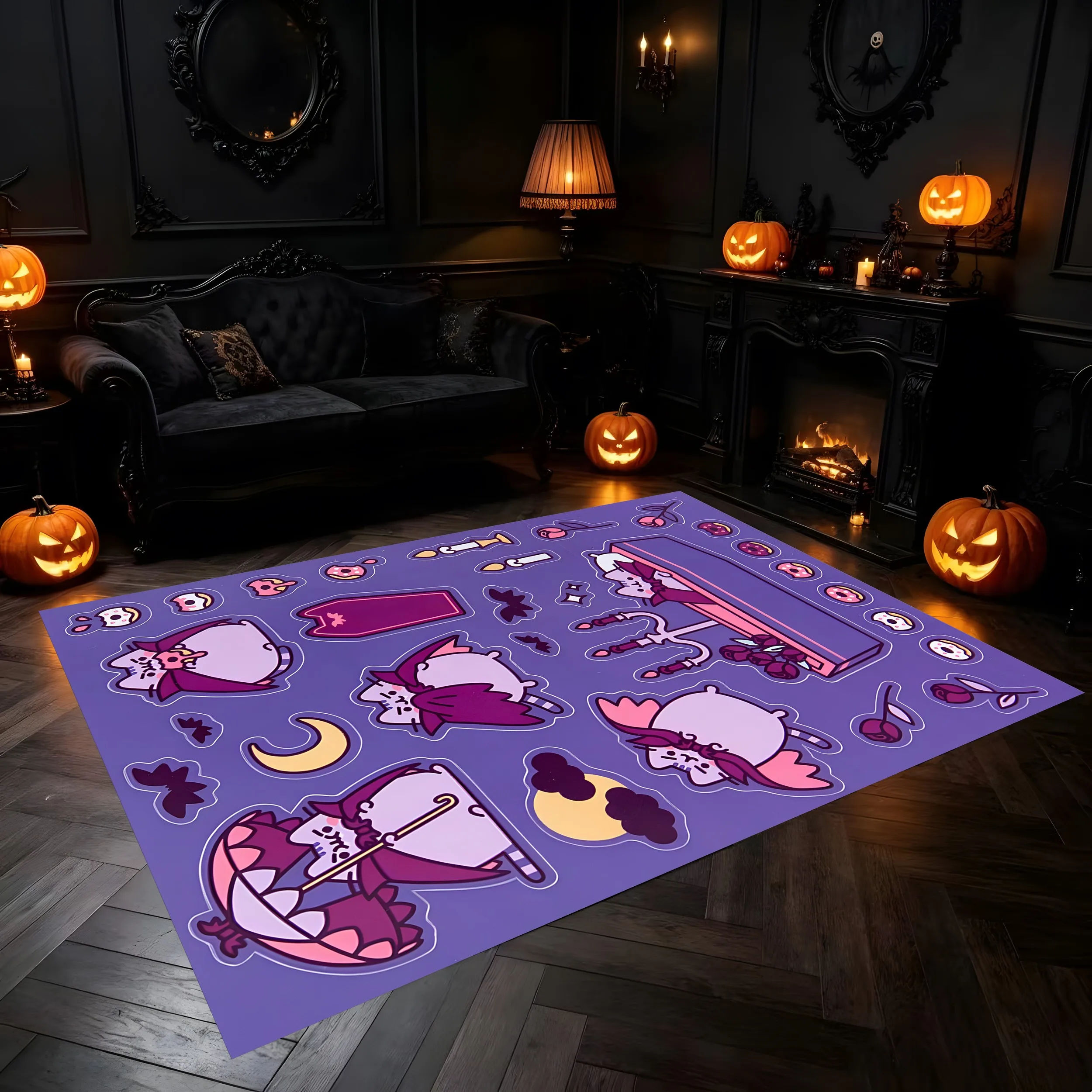 Velvet Rug Cartoon Vampire Kitten Coffin Bat Star Moon Sweet Cool for Bedroom Entryway Party Decor