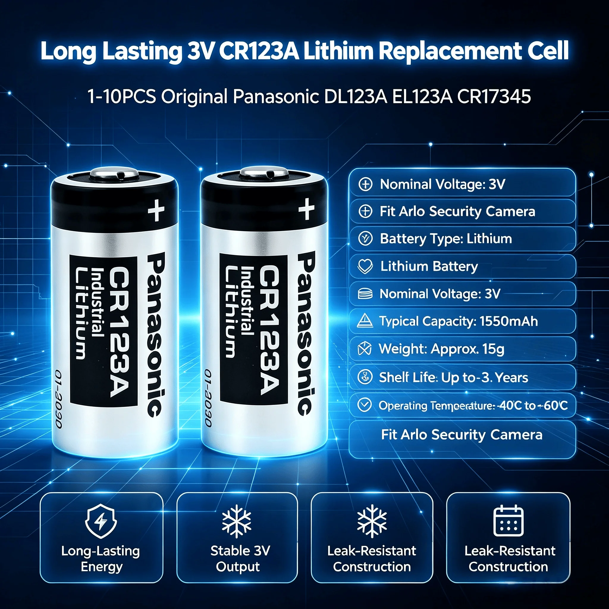 Long Lasting 3V CR123A Lithium Replacement Cell 1‑10PCS Original Panasonic DL123A EL123A CR17345 Fit Arlo Security Camera