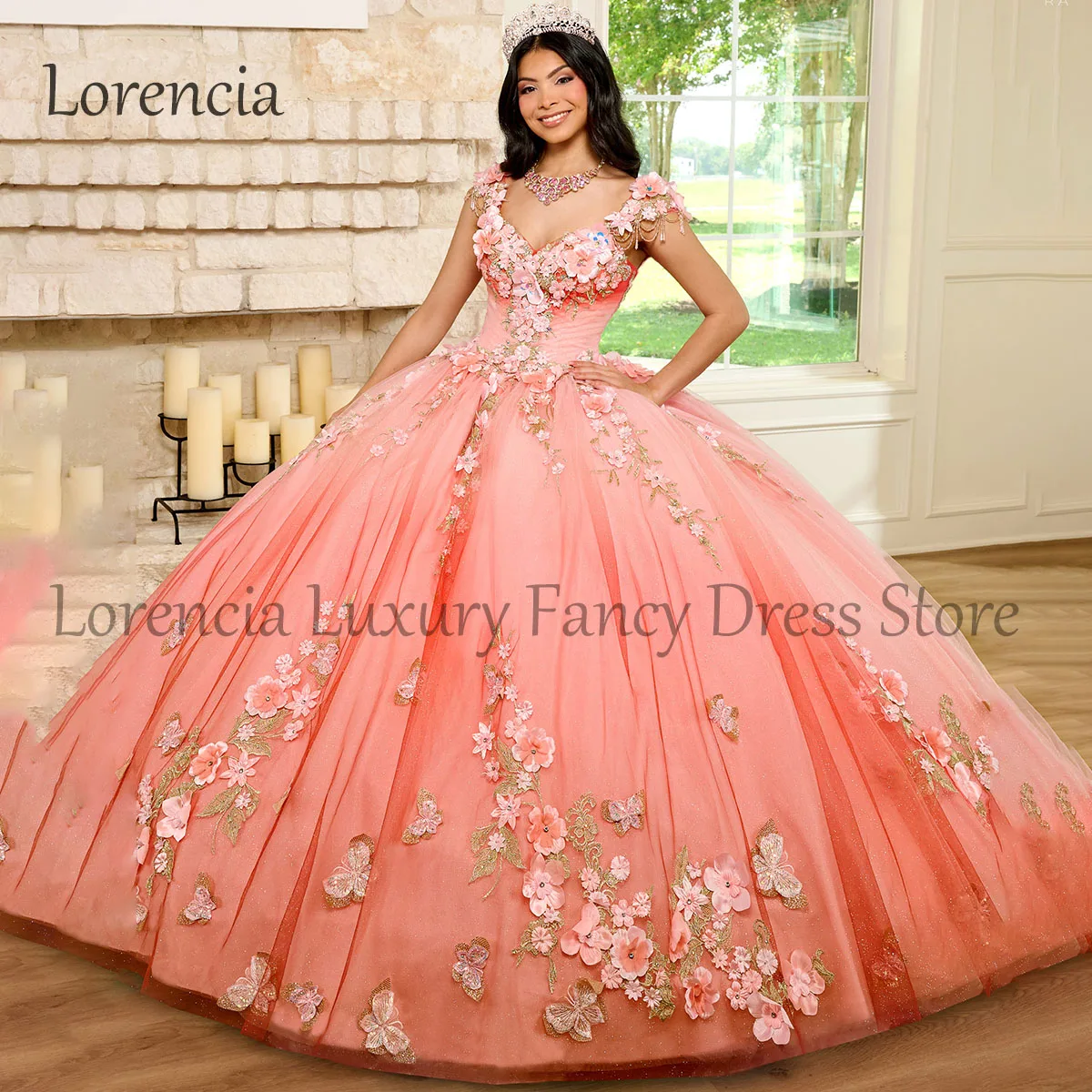 Quinceanera 원피스 공주님 스위트 16 볼 가운, 오픈 백, 3D 꽃, 럭셔리 아플리케, 비즈 포멀 2024