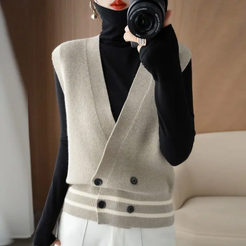 Knitted cardigan vest sweater women autumn new v neck loose casual vest vest fashion all-match sleeveless sweater cardigan vest