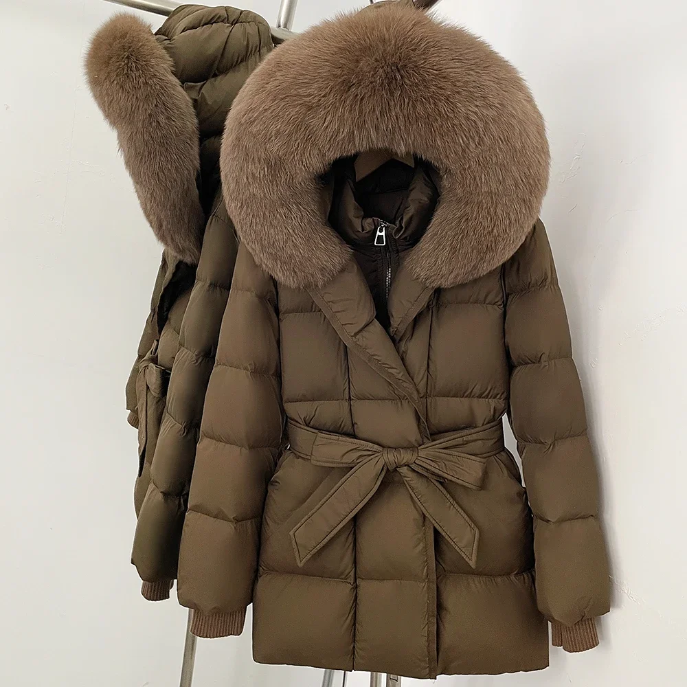 OFTBUY Damen-Winterjacke aus Entendaunen mit großem, natürlichem Fellkragen, Kapuze, Reißverschluss, Gürtel und tailliertem Schnitt, mit Fell für Damen – Detail 21