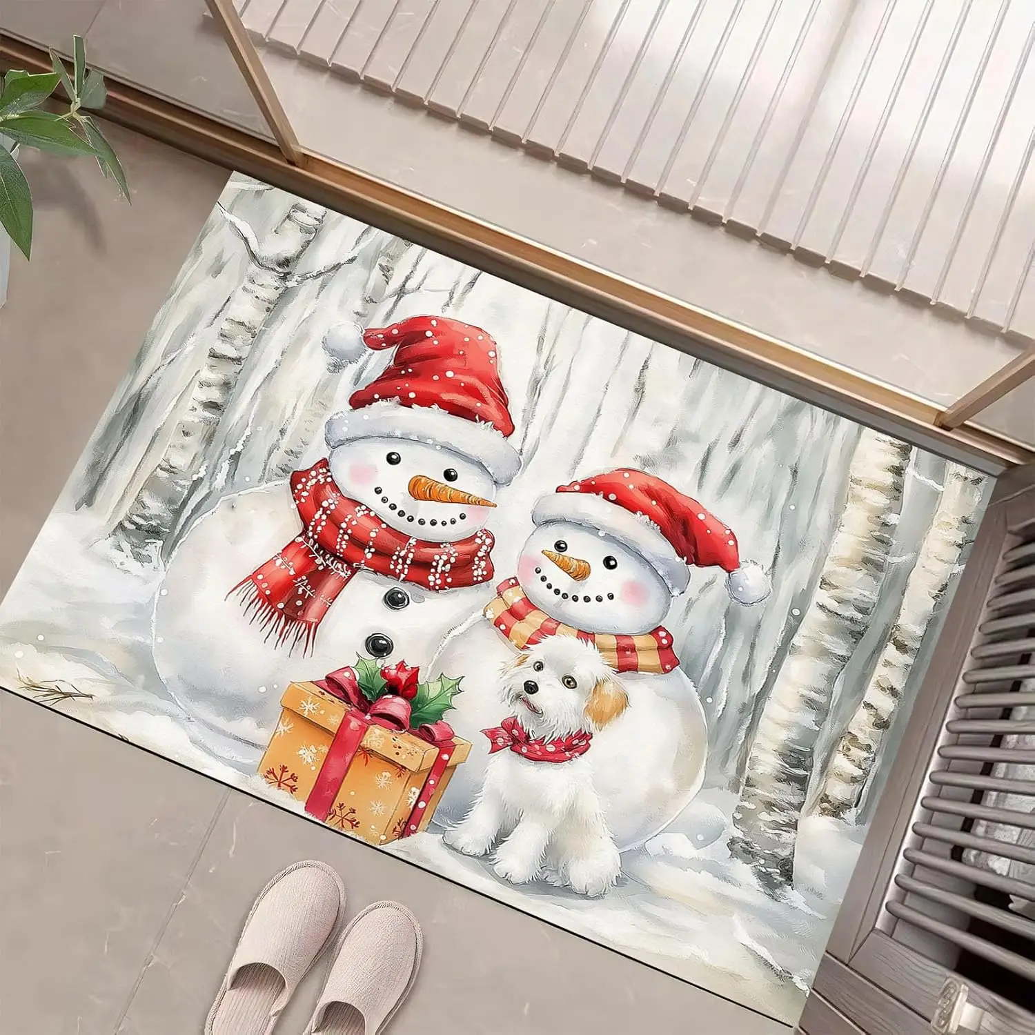 White Christmas Welcome Doormat,Red Scarf Snowman Element Home Decor Low-Profile Switch Rug Door Mat Floor Mat Indoor Outdoor