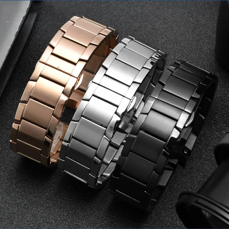 22mm Curved end Watchband For Armani AR2452 AR2453 AR2448 2447 2453 Stainless Steel Watch Strap Folding Buckle Silver Rose Gold