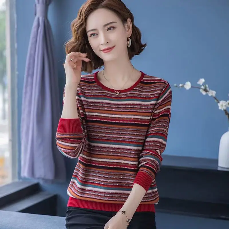 2023 Spring and Autumn Women\'s New Comfortable Long Sleeved Striped T-shirt Versatile Casual Knitted Bottom Shirt Affordable Top