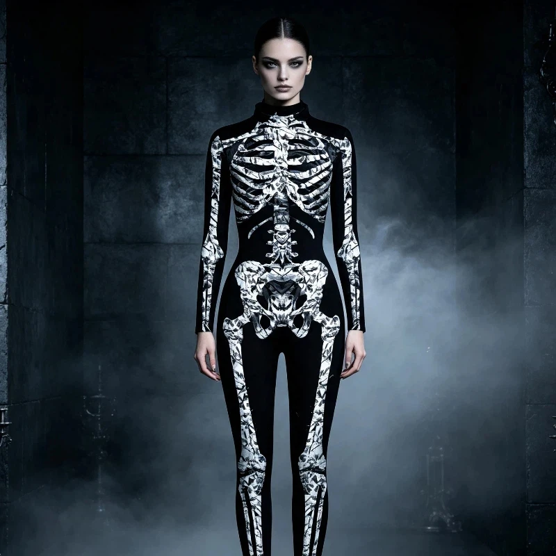 Halloween Women Skeleton Jumpsuit 3D Printed Broken Crystal Bone Skinny Bodysuit Cosplay Costume Carnival Party Outfit