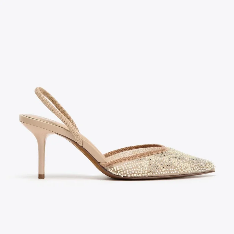 Nuevas mujeres, tacones altos con diamantes de imitación, tacones de diseñador con talón descubierto, zapatos de tacón brillantes, tacones elegantes para boda, sandalias con punta en punta para mujer