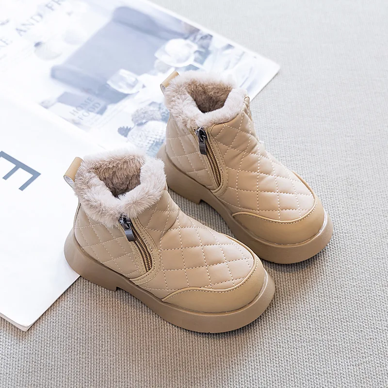 

Snow Boots Ankle Boots PU Leather Water-Resistant Winter Shoes For Girls Anti-slip Warm Black Beige Shoes Size 26-37