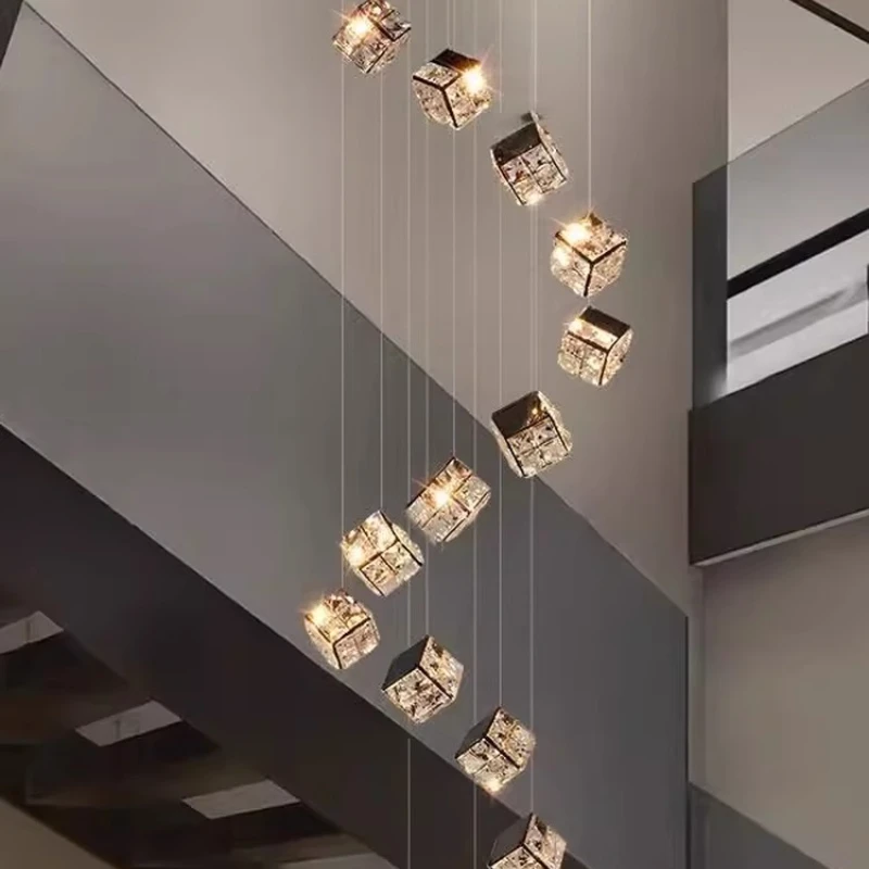 

Stair chandelier long chandelier Rubik's cube creative personality light luxury crystal lamp duplex villa loft apartment