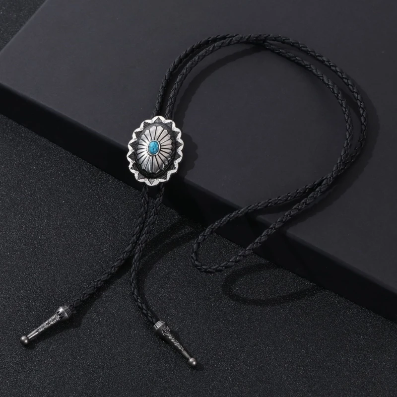 5Pcs Bolo Tie Necktie Artificial Leather Braided Rope Necklace with Metal Flower Stone Jewelry Cowboy Vintage Dropshipping