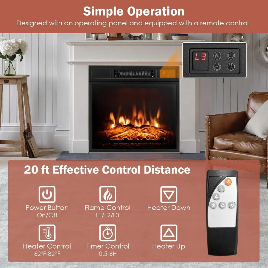 مدفأة كهربائية واسعة مقاس 18 بوصة، سخان غائر 1400 وات مع جهاز تحكم عن بعد، 3 تأثيرات لهب LED، مؤقت 6 ساعات، أسود لغرفة النوم