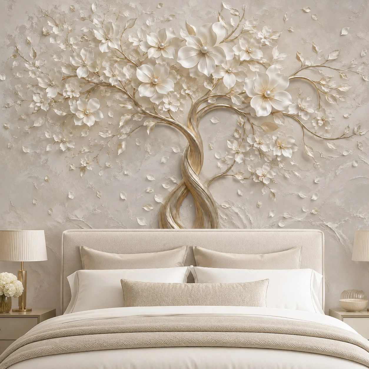 3D White Flower Tree Wallpaper Mural Luxury Gold Floral Relief Wall Art for Bedroom Living Room Sofa Background Paste Required