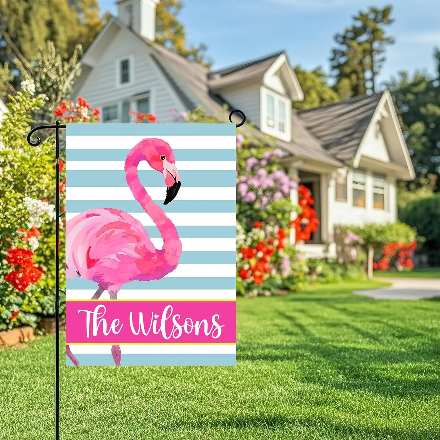 Custom Flamingo Garden Flag - Double Sided Personalized Stripes Yard Decor with Name, Seasonal Welcome Banner for Lawn Porch LLG