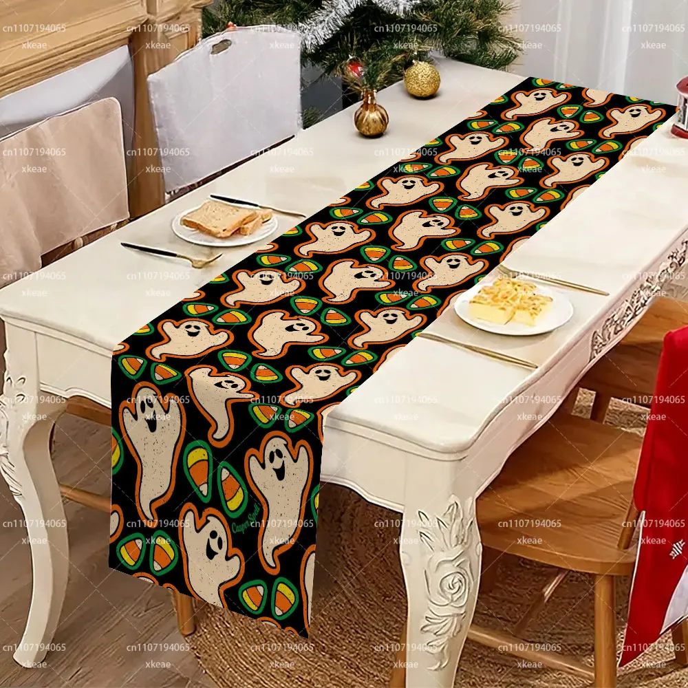 Halloween Cute Ghost Candy Corn Table Runner, Retro Spooky Ghost Pattern Tablecloth Runner, Black Background Holiday Fabric