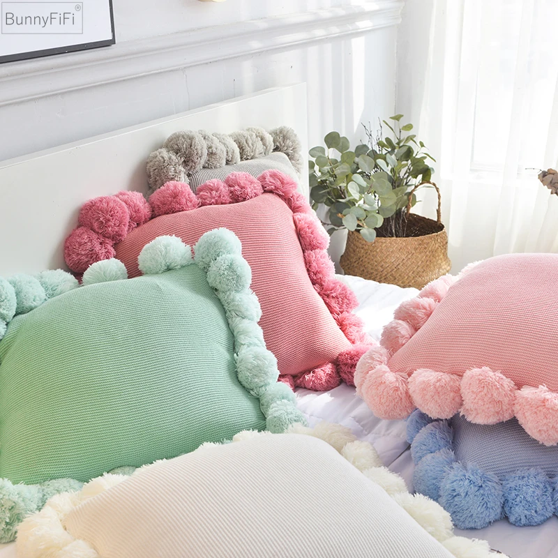 

Solid Pompom Cover Knit Ivory Cushion Grey Pink Ivory Green Solid Pillow Case 45*45cm