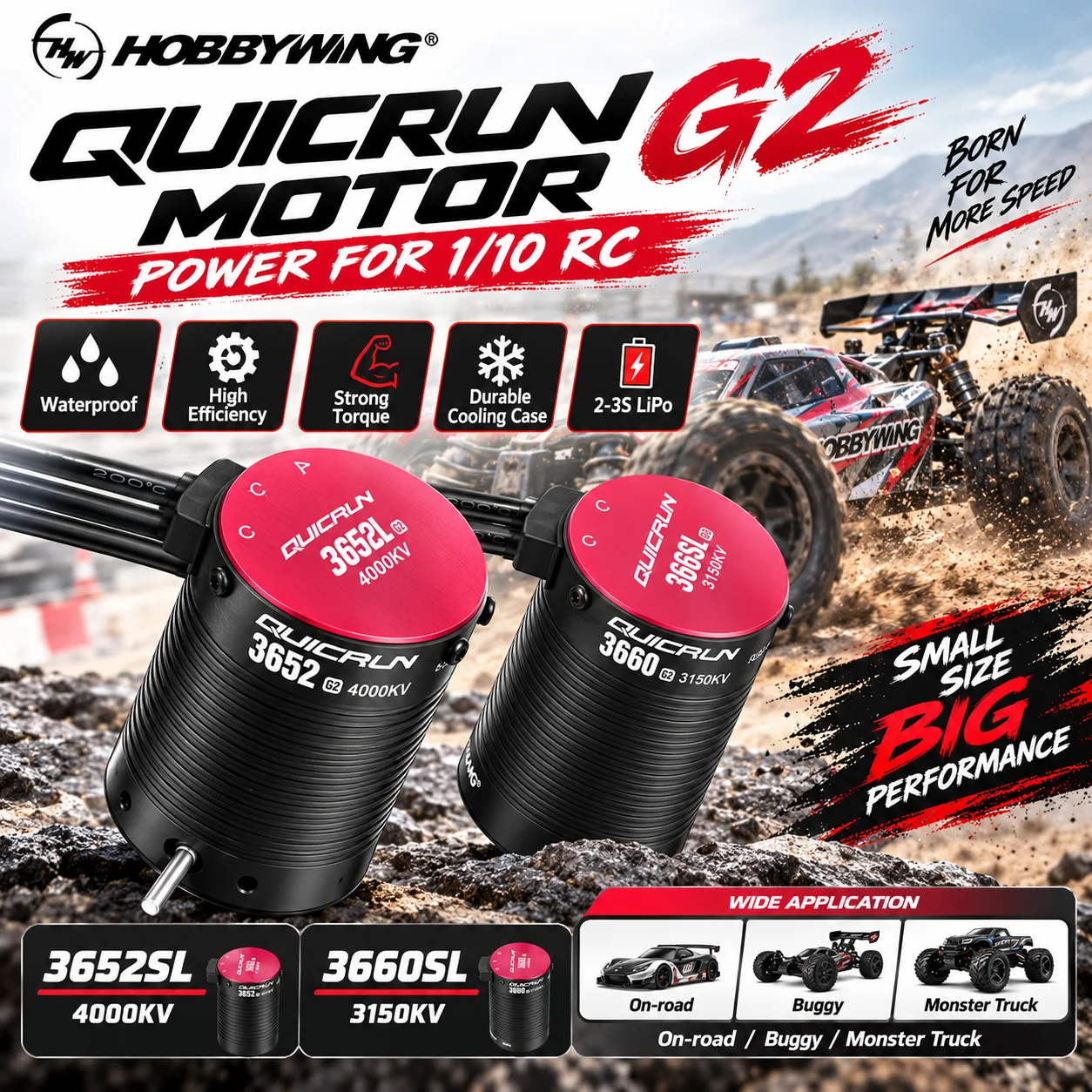 HobbyWing QuicRun G2 3652 3660 SL Waterproof Sensorless Brushless Motor for 1:10 RC On-road Monster Truck Buggy Racing Cars