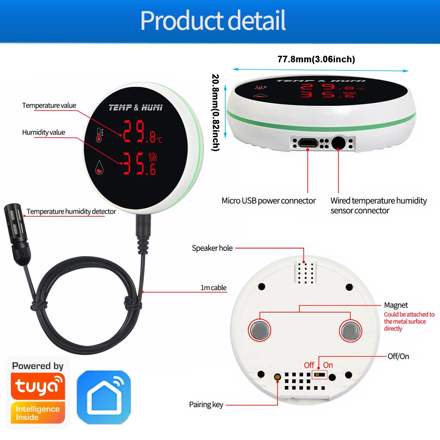 Tuya WiFi Temperature Humidity Senor External Probe 3M With LCD Screen Remote Alarm Indoor Thermometer Hygrometer Smart Life APP