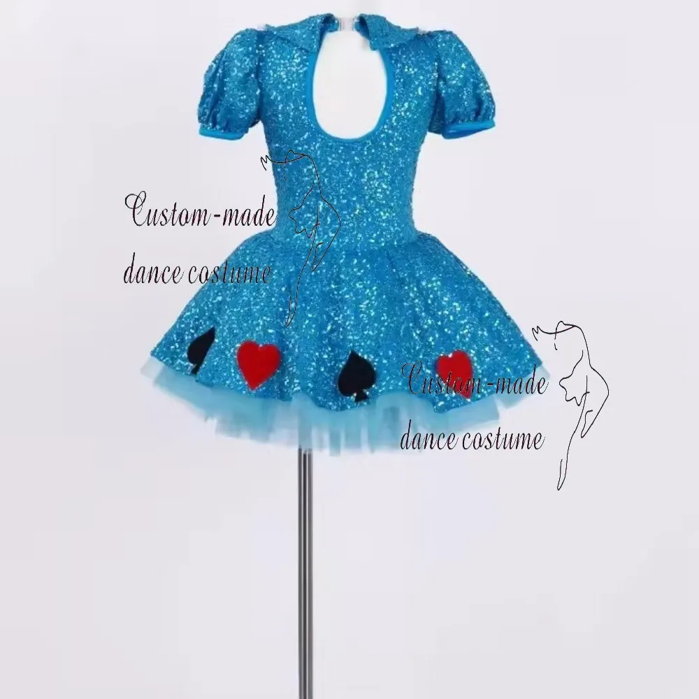 Robe de danse romantique pour filles en dentelle bleue pour spectacles sur scène, jupe de ballet avec manches bouffantes, adorable costume de danse pour filles