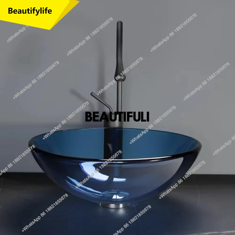 

a13 Small-sized round blue glass washbasin, creative and fashionable style countertop basin, simple ingot shaped washbasin