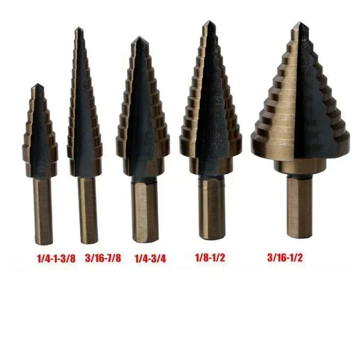 5pc Ladder Drilling Platform Black and Yellow Diamond Titanium Plated Aluminum Box Pagoda Drill Bit Metric and British