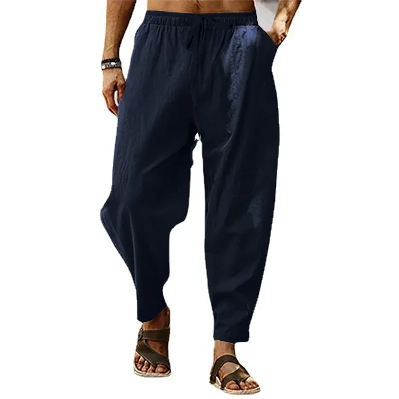 

New Style Hawaiian Men's Trousers Cotton Linen Casual Pants Solid Color Breathable Loose Straight Drawstring Pants Streetwear