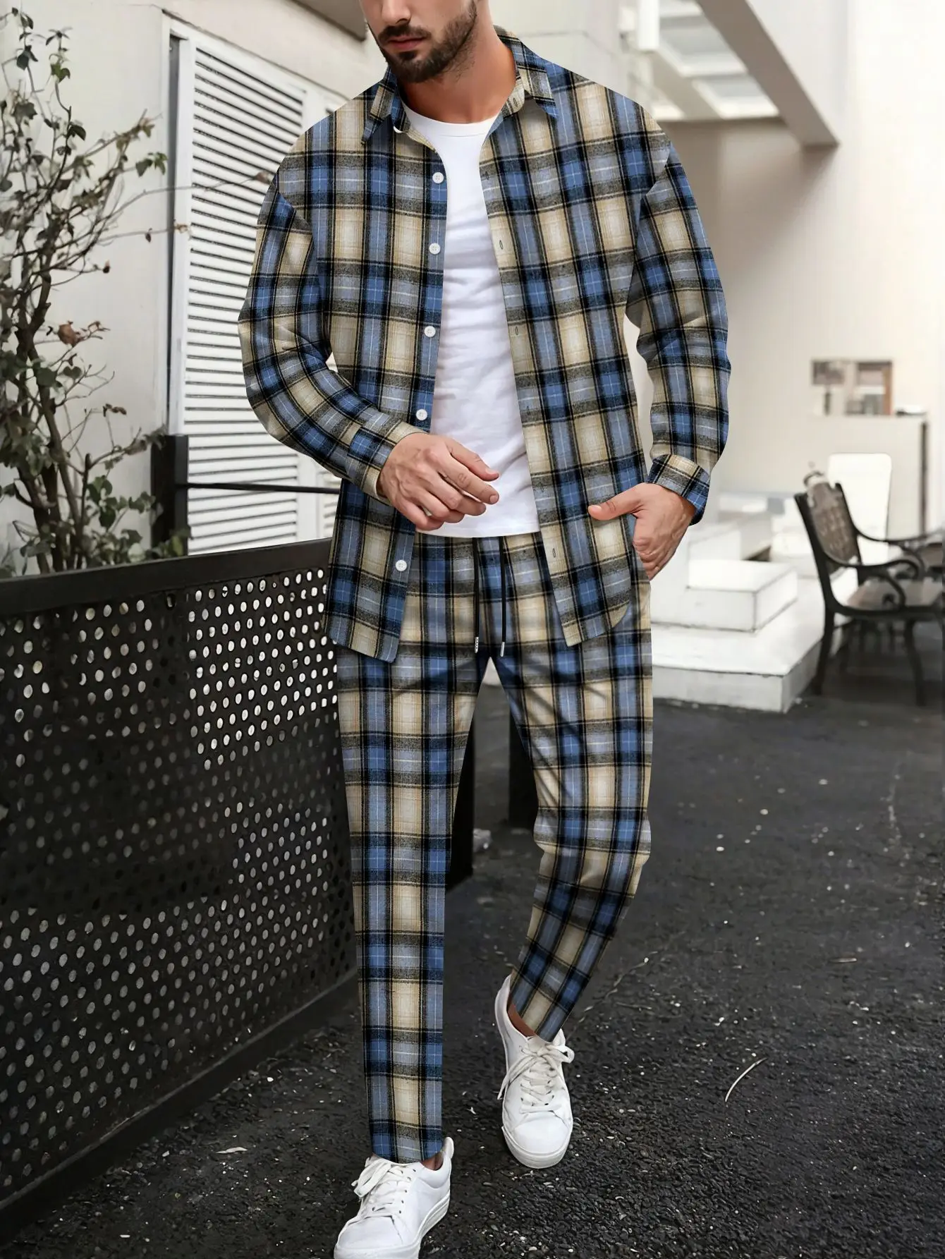

New checked two-piece set of clothing: long-sleeved buttoned shirt, lace-up pants, casual and relaxed streetwear men's sportswea