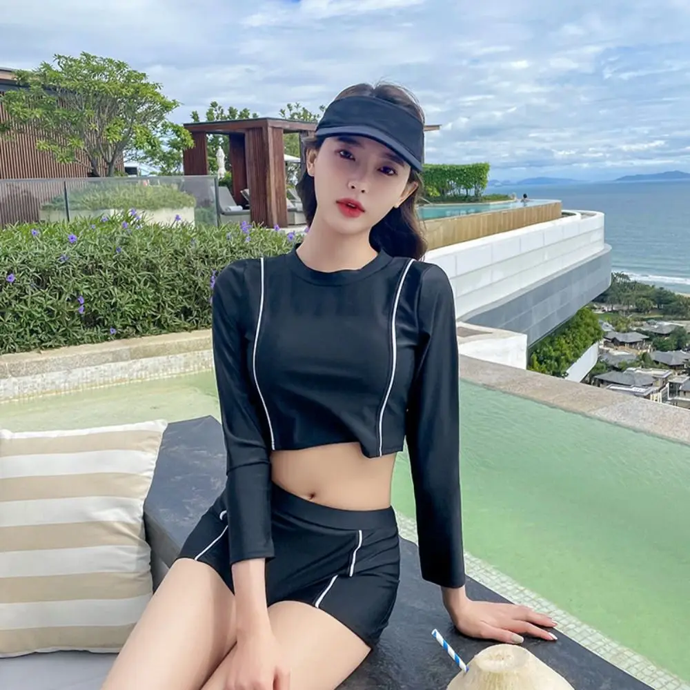 

Patchwork Design Women's Swimming Suit Slimming Fit High Waisted Two-Piece Swimsuit Sunscreen Fabric With Shorts