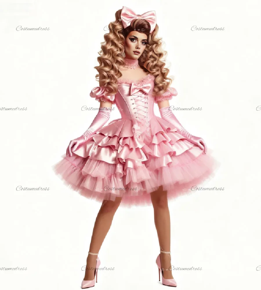 

Fatansy розовое короткое вечернее платье 2026 с короткими рукавами, многоуровневое кружевное платье для выпускного вечера с открытыми плечами, коктейльное платье Лолиты на день рождения, косплей