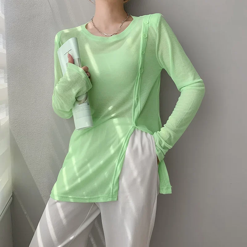 Women Fashion Single Breasted Long Sleeve Slim T-shirts New Summer Casual Sunscreen T-shirt Ladies Chic Irregular Slit Tops Pop