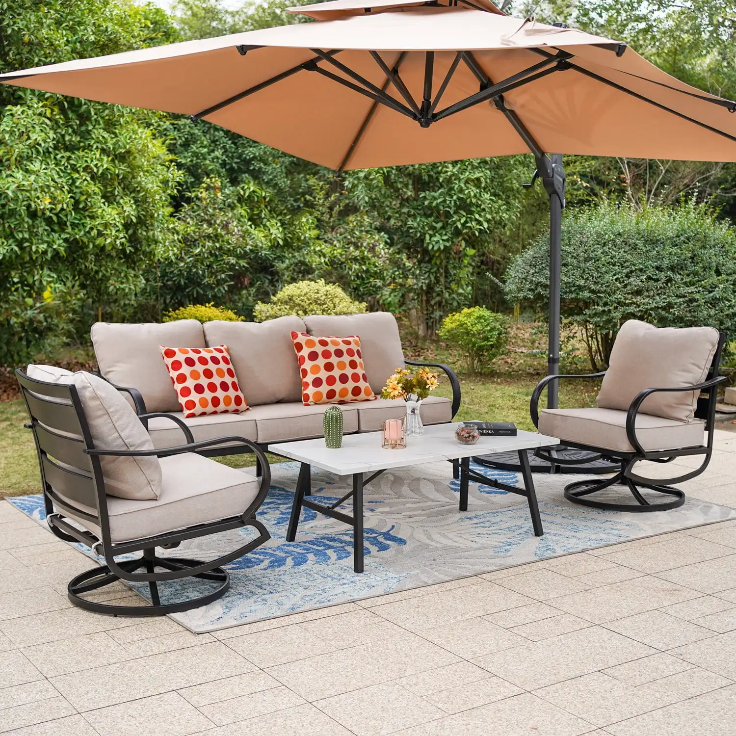 

5-Seater Patio Conversation Set Metal Outdoor Furniture with Swivel Chair Sofa Beige 28D Phenol-free Sponge High Resilience