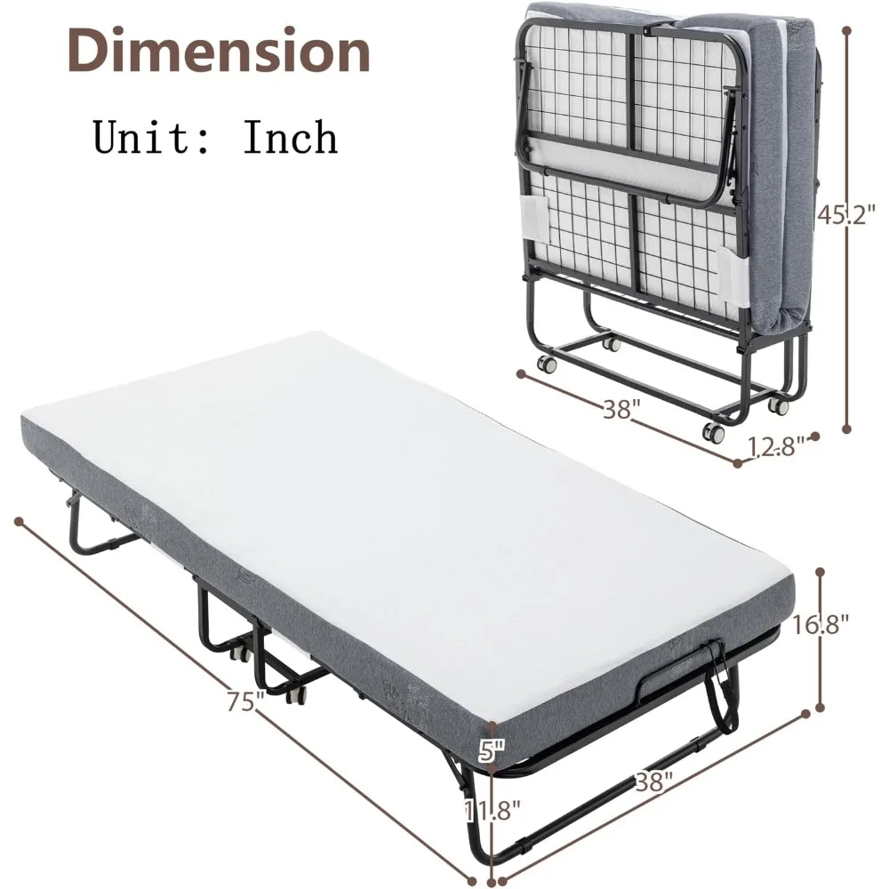 سرير ضيوف محمول مزدوج الحجم قابل للطي مع مرتبة، إطار فولاذي عالي التحمل للبالغين