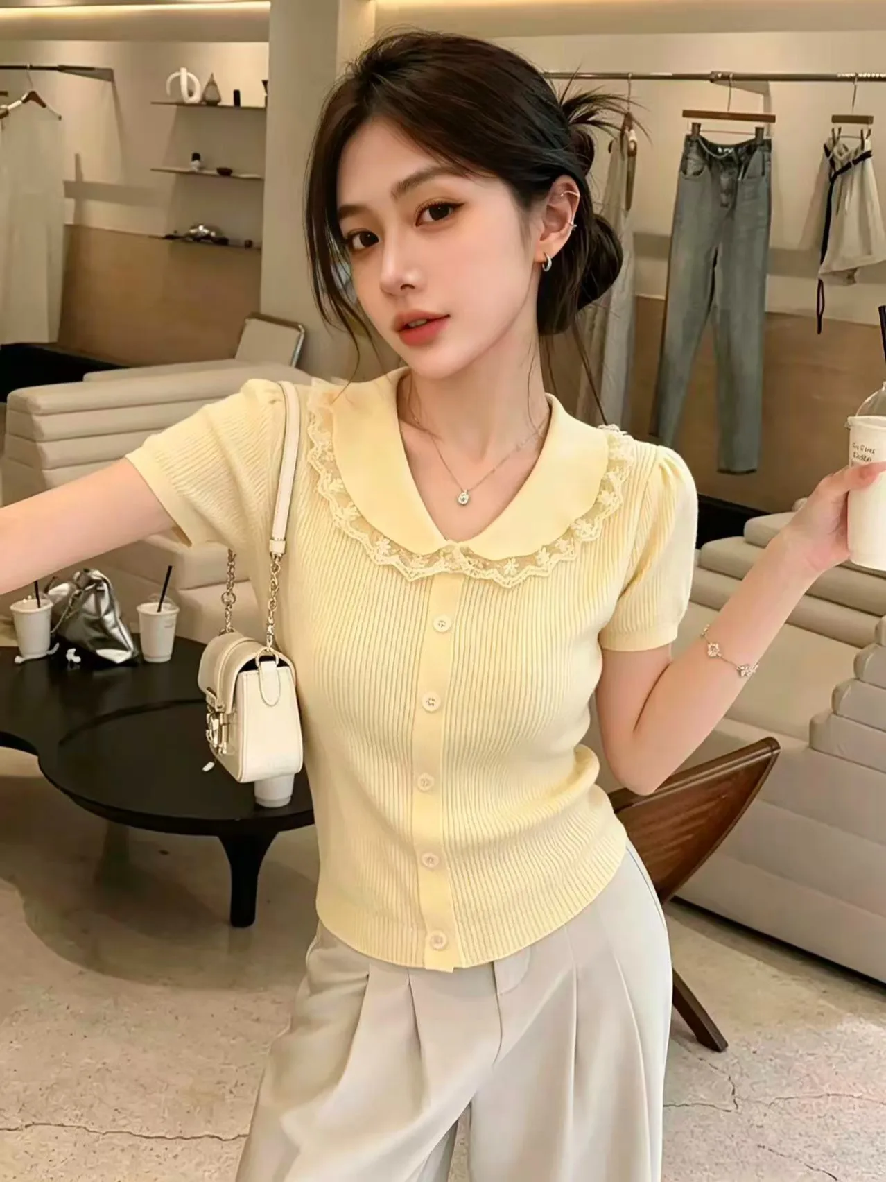 

Yellow Lace Splice Doll Collar Short Sleeve Knitted Open Cardigan Women's Summer New Beautiful Button Slim Fit Short Top